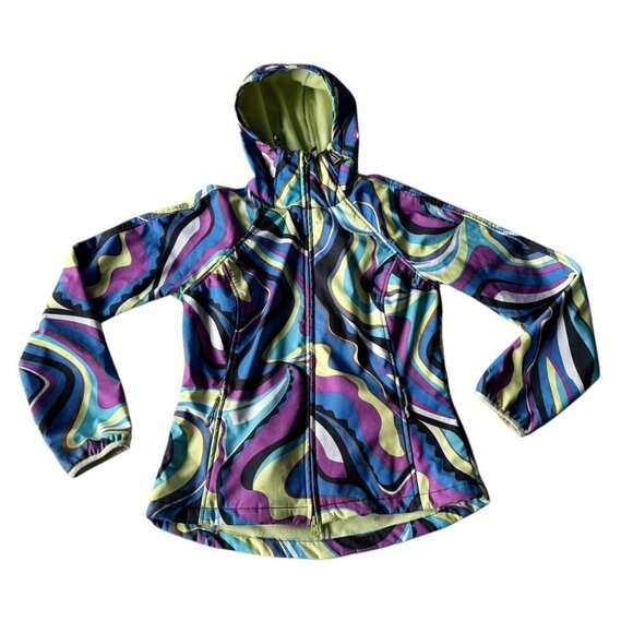 Athleta Womens Sz S Purple Blue Yellow Swirl Zip Hooded Fleece Lined Jacket - Picture 15 of 15